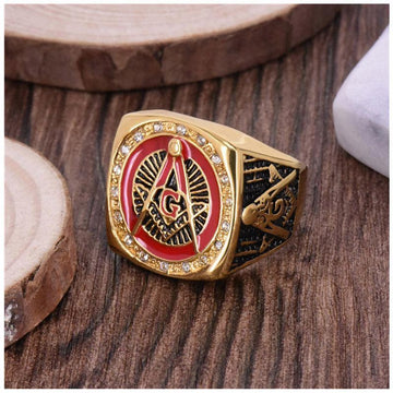 Red Retro Gold Colour Stainless Steel Big Masonic Rings For Men - The Jewellery Supermarket